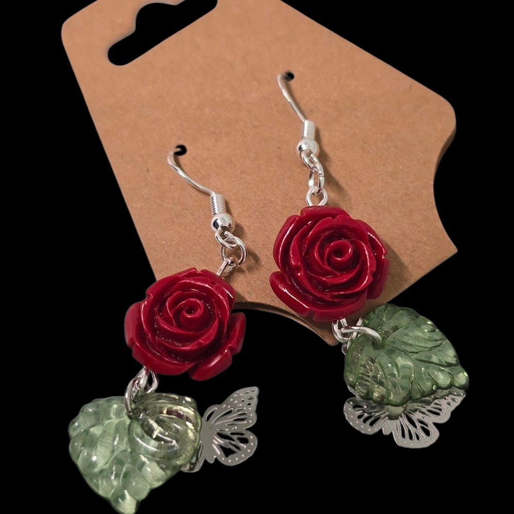 Red Rose and Green Leaf Dangle Earrings